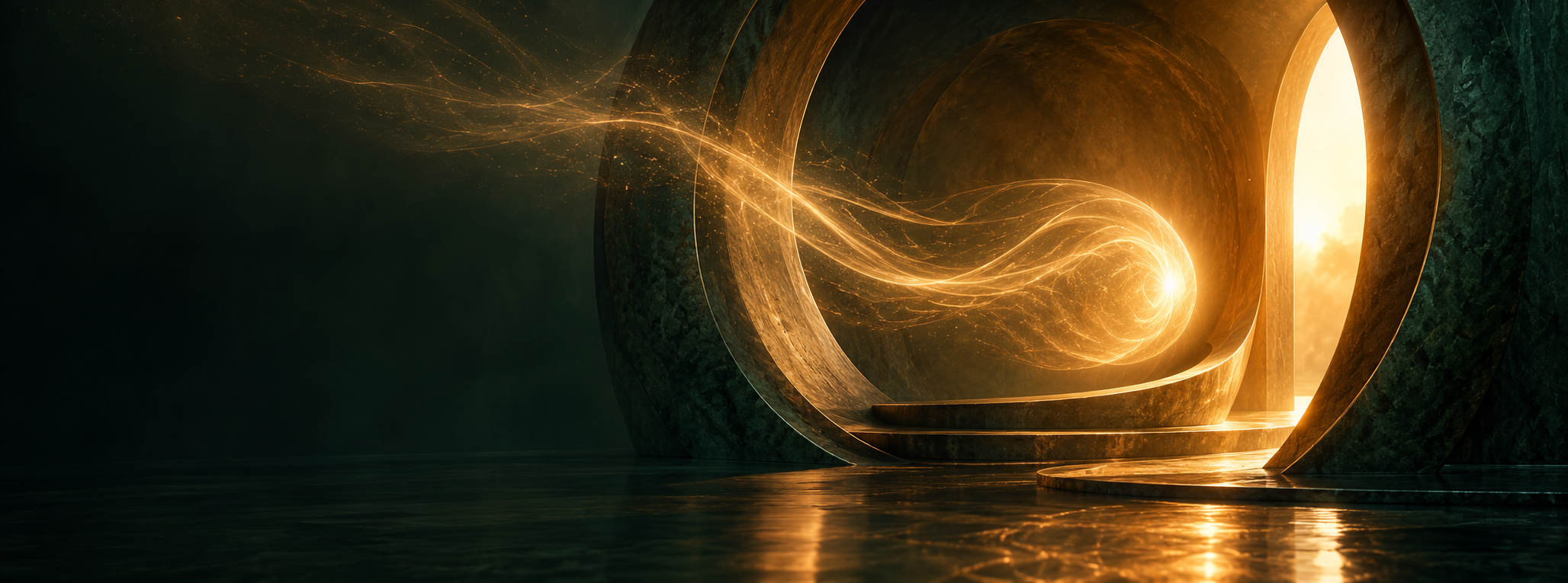 A symbolic luminous portal representing hidden formation and emergence